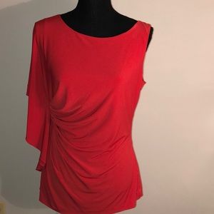Calvin Klein Red one shoulder top with drape ruched sleeve the other sleeveless